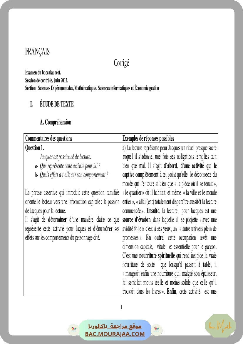 Corrigé controle francais Bac 2012 – Section math